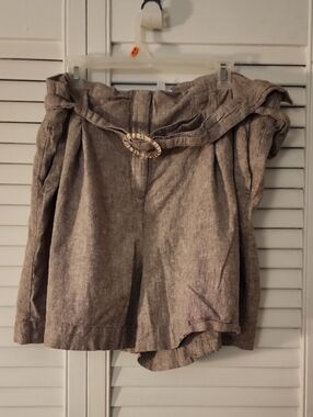 Addition Elle Taupe Paperbag Waist Shorts with Decorative Buckle